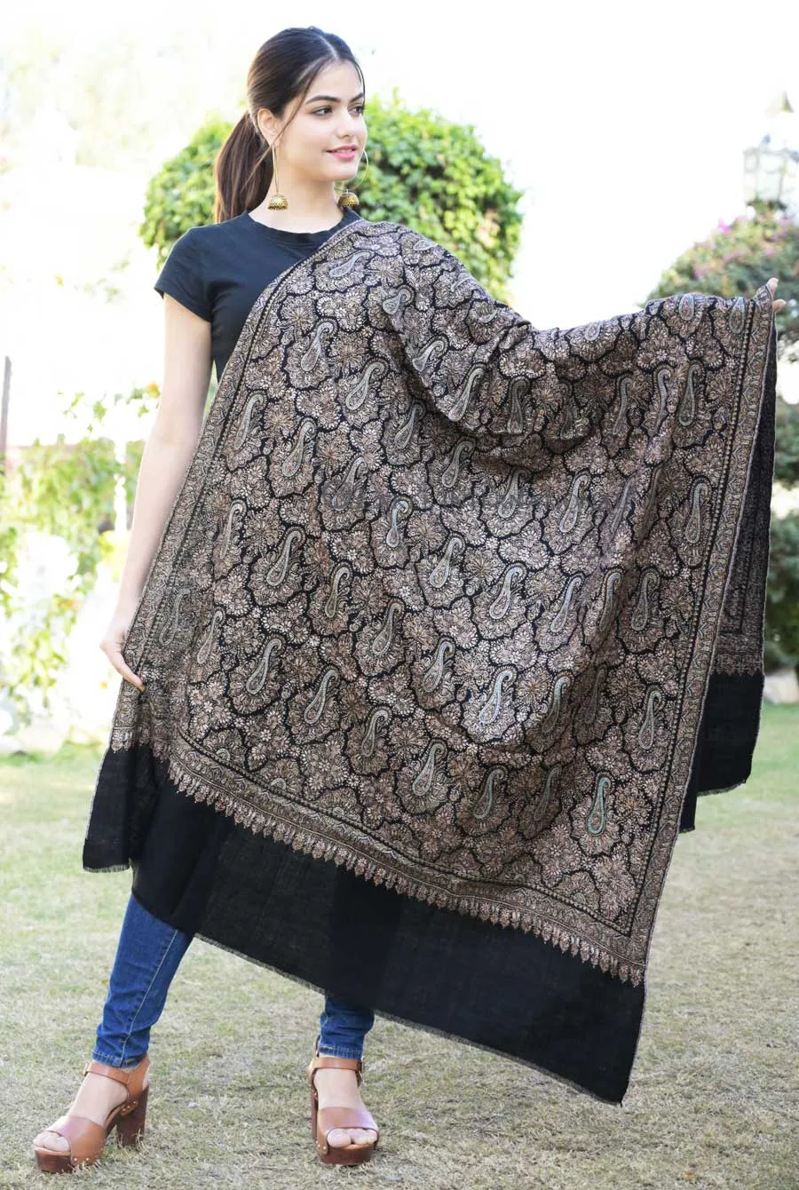 Firdous Bloom Luxury Pashmina Shawl | Hand Embroidered