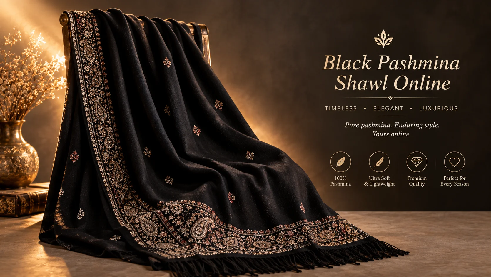 Black Pashmina Shawl Online — Akee International