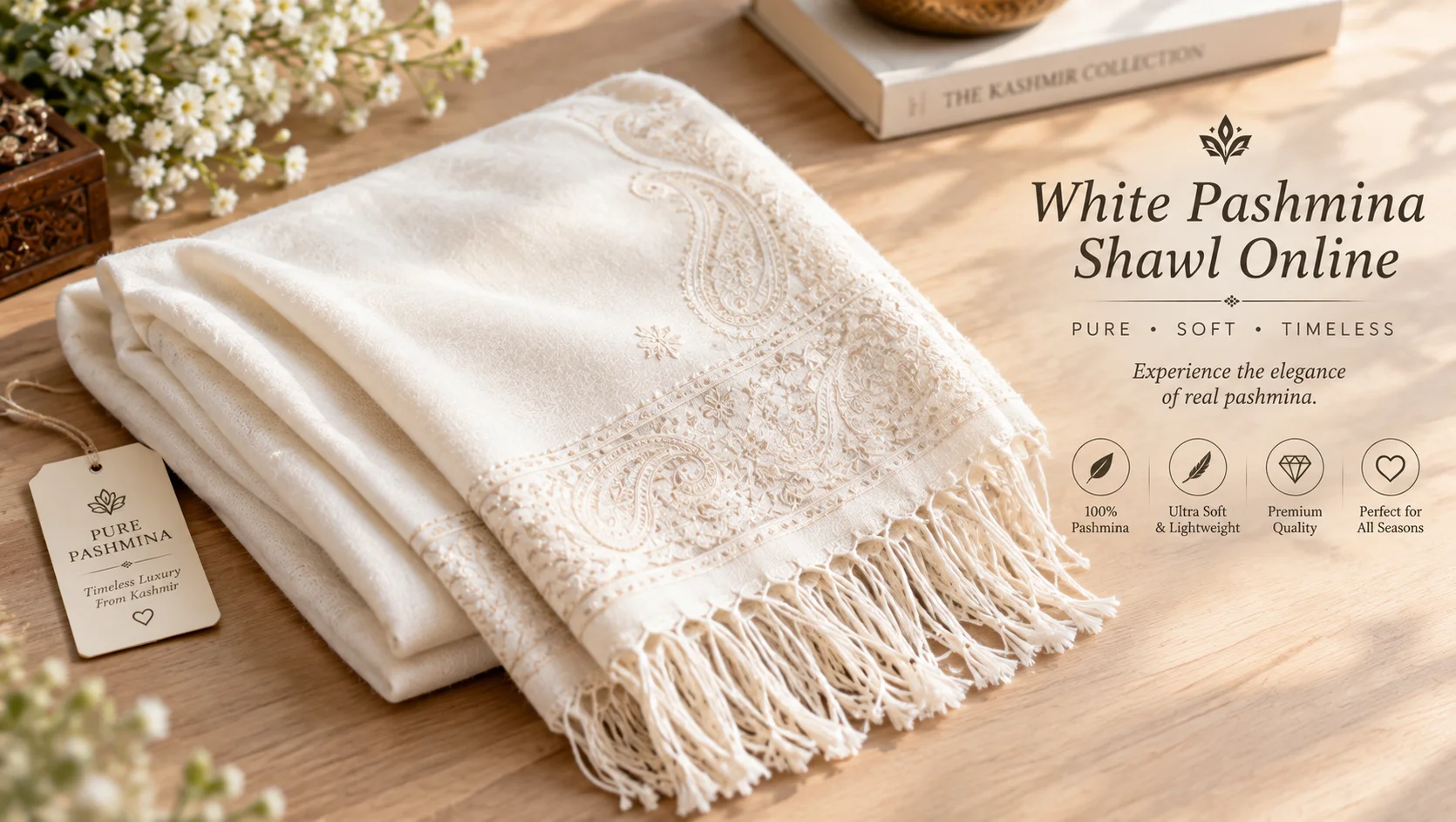 White Pashmina Shawl Online — Akee International
